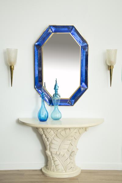 Bespoke Octagonal Cobalt Blue Murano Glass and Brass Mirror