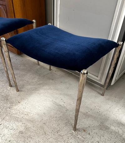 Bespoke Pair of Nickel Plated Bronze Benches Upholstered in Velvet