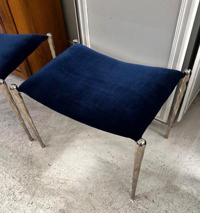 Bespoke Pair of Nickel Plated Bronze Benches Upholstered in Velvet