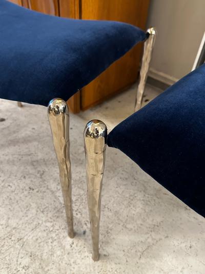 Bespoke Pair of Nickel Plated Bronze Benches Upholstered in Velvet