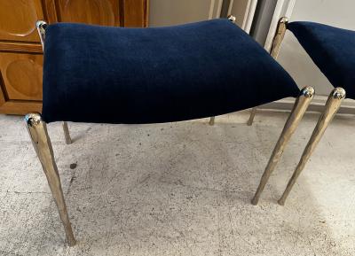 Bespoke Pair of Nickel Plated Bronze Benches Upholstered in Velvet