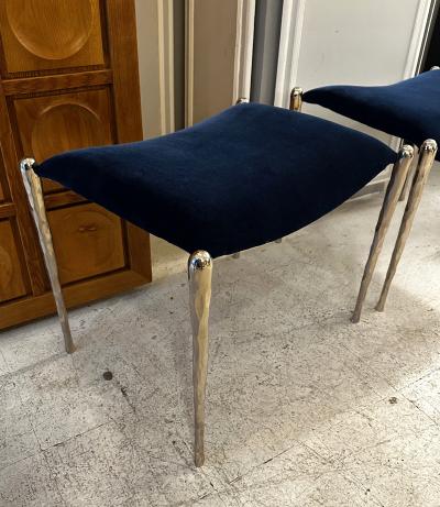Bespoke Pair of Nickel Plated Bronze Benches Upholstered in Velvet