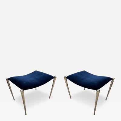 Bespoke Pair of Nickel Plated Bronze Benches Upholstered in Velvet