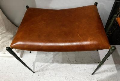 Bespoke Pair of Patinated Bronze Benches Upholstered in Leather