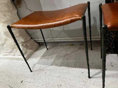 Bespoke Pair of Patinated Bronze Benches Upholstered in Leather