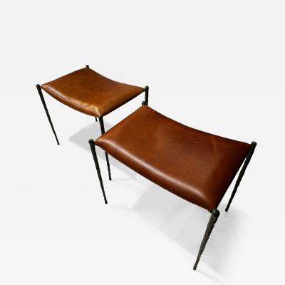 Bespoke Pair of Patinated Bronze Benches Upholstered in Leather