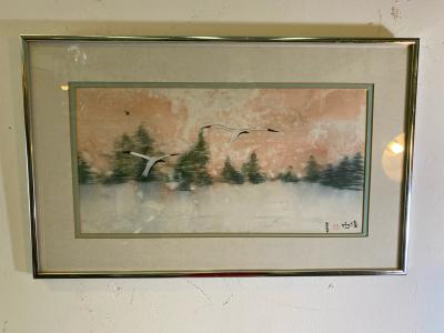 Betty Brown Raby CHINESE BRUSHSTROKE WATERCOLOR OF EGRETS IN MIST PAINTED BY BETTY BROWN RABY