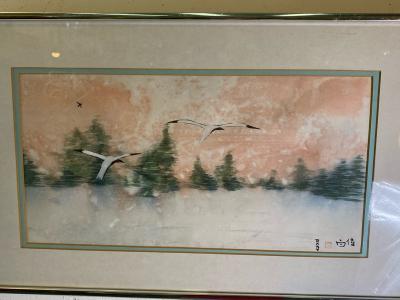 Betty Brown Raby CHINESE BRUSHSTROKE WATERCOLOR OF EGRETS IN MIST PAINTED BY BETTY BROWN RABY