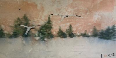 Betty Brown Raby CHINESE BRUSHSTROKE WATERCOLOR OF EGRETS IN MIST PAINTED BY BETTY BROWN RABY