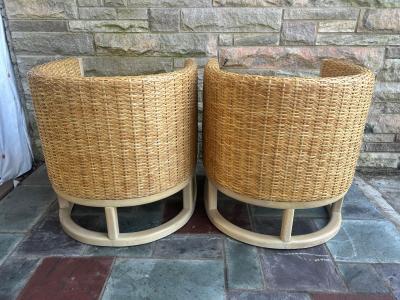 Betty Cobonpue Fabulous Coastal Modern Pair Betty Cobonpue Barrel Back Wicker Lounge Chairs