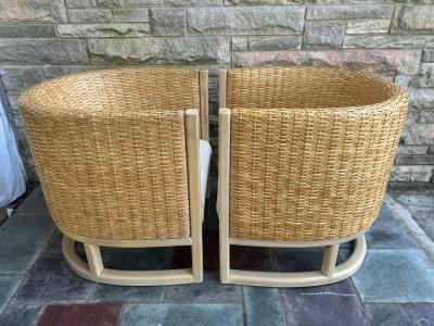 Betty Cobonpue Fabulous Coastal Modern Pair Betty Cobonpue Barrel Back Wicker Lounge Chairs