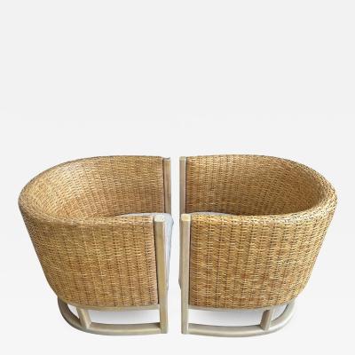 Betty Cobonpue Fabulous Coastal Modern Pair Betty Cobonpue Barrel Back Wicker Lounge Chairs