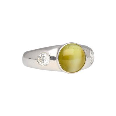 Bezel Set Chrysoberyl Cats Eye and Diamond Three Stone Ring in 18K White Gold