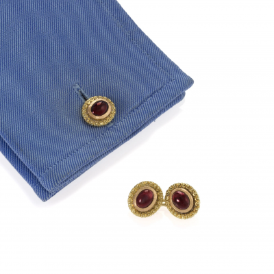 Bi color Gold and Cabochon Garnet Cuff Links