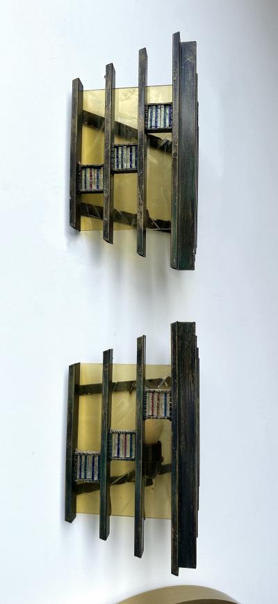 Biancardi Jordan Pair of Hammered Glass Gilt Iron Sconces by Biancardi Italy 1970s