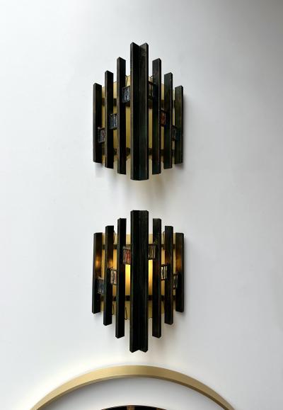 Biancardi Jordan Pair of Hammered Glass Gilt Iron Sconces by Biancardi Italy 1970s