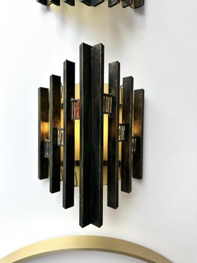 Biancardi Jordan Pair of Hammered Glass Gilt Iron Sconces by Biancardi Italy 1970s