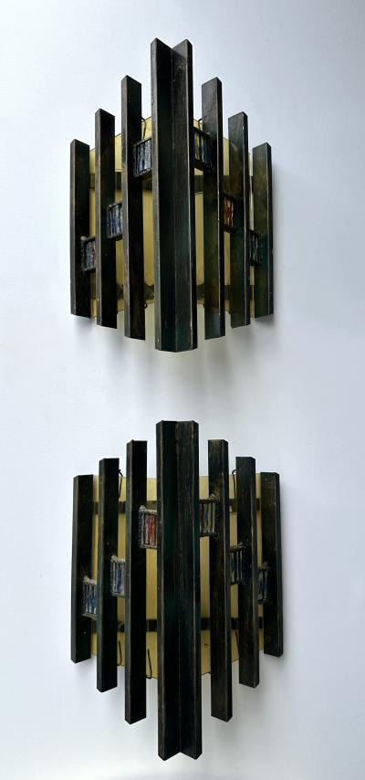 Biancardi Jordan Pair of Hammered Glass Gilt Iron Sconces by Biancardi Italy 1970s