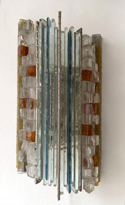 Biancardi Jordan Pair of Hammered Glass Silver Iron Sconces by Biancardi Italy 1970s