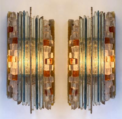 Biancardi Jordan Pair of Hammered Glass Silver Iron Sconces by Biancardi Italy 1970s