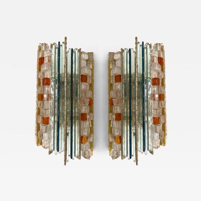 Biancardi Jordan Pair of Hammered Glass Silver Iron Sconces by Biancardi Italy 1970s