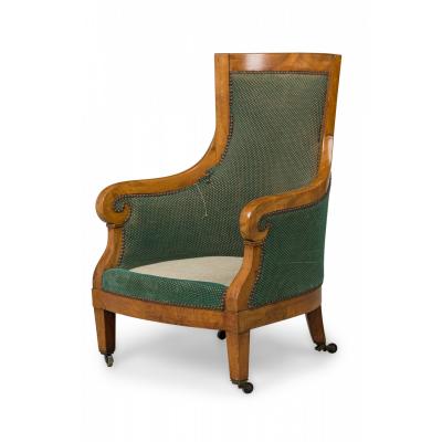 Biedermeier Birch Veneer Green Upholstered Bergere Armchair