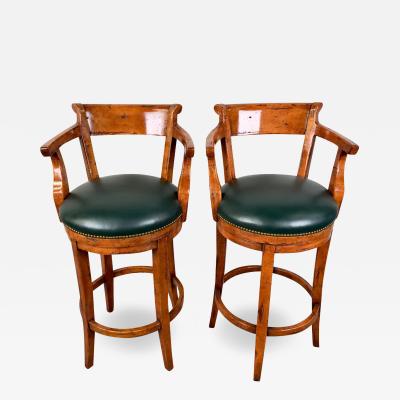 Biedermeier Style Oak Wood Swivel Bar Stool with Green Leather Seat a Pair