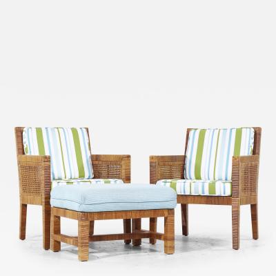 Billy Baldwin Billy Baldwin for Bielecky Bros MCM Rattan Cane Brass Lounge Chairs with Ottoman