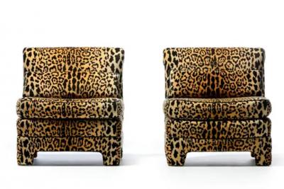 Billy Baldwin Pair of Billy Baldwin Regency Style Leopard Velvet Slipper Chairs c 1970s