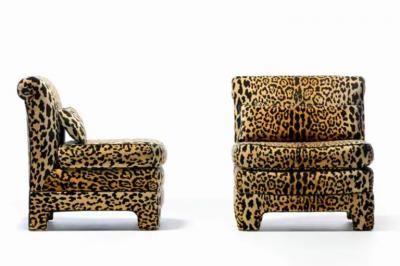 Billy Baldwin Pair of Billy Baldwin Regency Style Leopard Velvet Slipper Chairs c 1970s