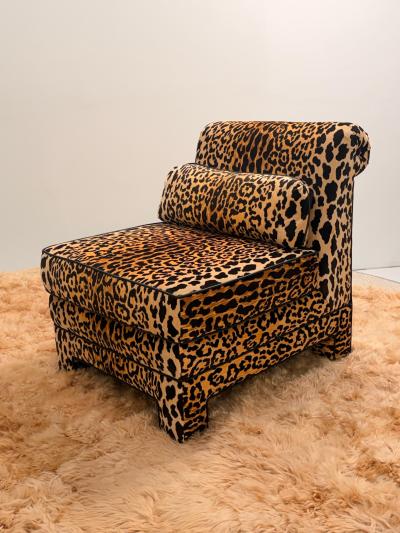 Billy Baldwin Pair of Billy Baldwin Style Leopard Velvet Slipper Chairs c 1970s