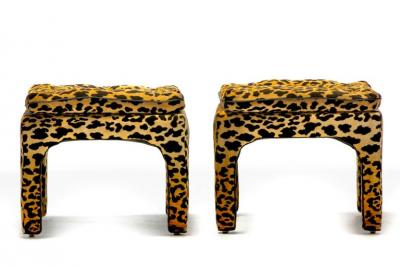 Billy Baldwin Pair of Billy Baldwin Style Leopard Velvet Stools with Leather Piping c 1970s