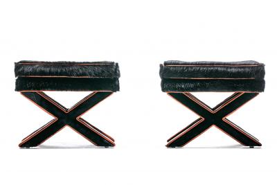 Billy Baldwin Pair of Billy Baldwin Style X Stools in Black Cowhide Cognac Leather c 1970s