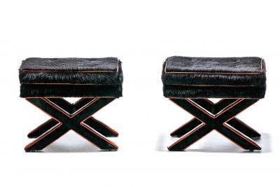 Billy Baldwin Pair of Billy Baldwin Style X Stools in Black Cowhide Cognac Leather c 1970s