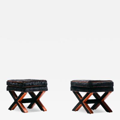 Billy Baldwin Pair of Billy Baldwin Style X Stools in Black Cowhide Cognac Leather c 1970s