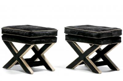 Billy Baldwin Pair of Billy Baldwin Style X Stools in Black Cowhide Ivory Leather c 1970s