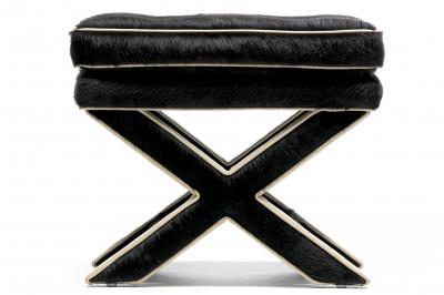 Billy Baldwin Pair of Billy Baldwin Style X Stools in Black Cowhide Ivory Leather c 1970s