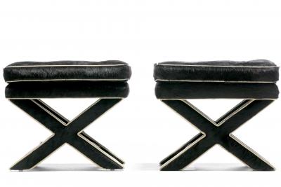 Billy Baldwin Pair of Billy Baldwin Style X Stools in Black Cowhide Ivory Leather c 1970s