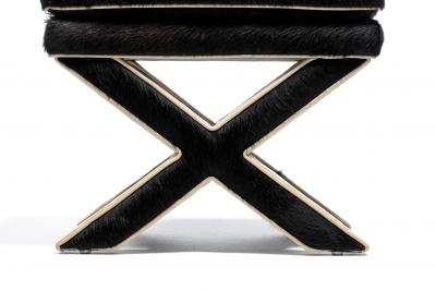 Billy Baldwin Pair of Billy Baldwin Style X Stools in Black Cowhide Ivory Leather c 1970s