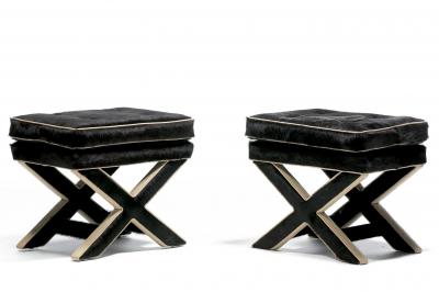Billy Baldwin Pair of Billy Baldwin Style X Stools in Black Cowhide Ivory Leather c 1970s