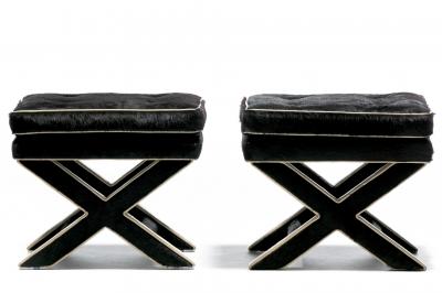 Billy Baldwin Pair of Billy Baldwin Style X Stools in Black Cowhide Ivory Leather c 1970s