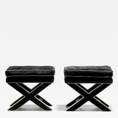 Billy Baldwin Pair of Billy Baldwin Style X Stools in Black Cowhide Ivory Leather c 1970s