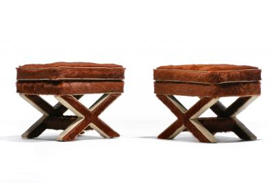 Billy Baldwin Pair of Billy Baldwin Style X Stools in Cinnamon Cowhides Ivory Leather c 1970