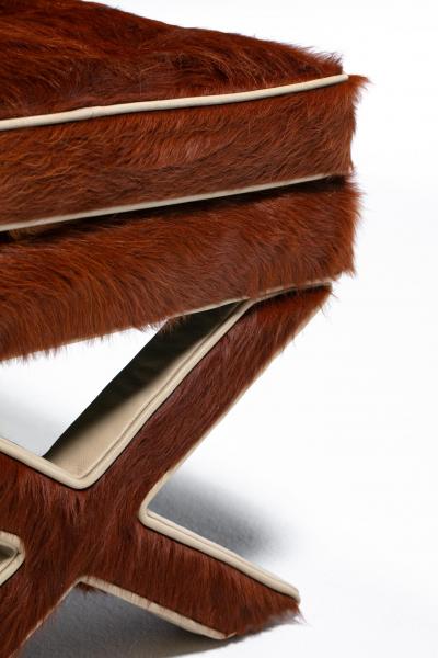 Billy Baldwin Pair of Billy Baldwin Style X Stools in Cinnamon Cowhides Ivory Leather c 1970