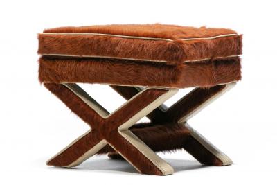 Billy Baldwin Pair of Billy Baldwin Style X Stools in Cinnamon Cowhides Ivory Leather c 1970