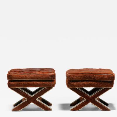 Billy Baldwin Pair of Billy Baldwin Style X Stools in Cinnamon Cowhides Ivory Leather c 1970