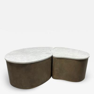 Biomorphic Grasscloth and Carrara Marble Top Coffee Table
