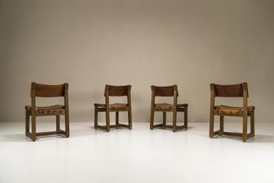 Biosca Set Of 4 Chairs In Pine And Cognac Saddle Leather Spain 1960s