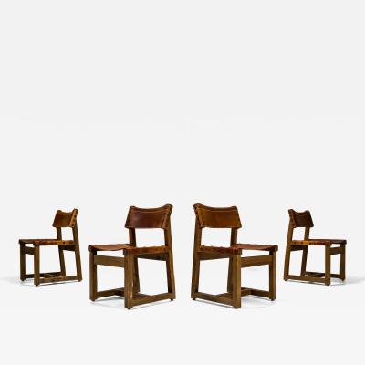 Biosca Set Of 4 Chairs In Pine And Cognac Saddle Leather Spain 1960s