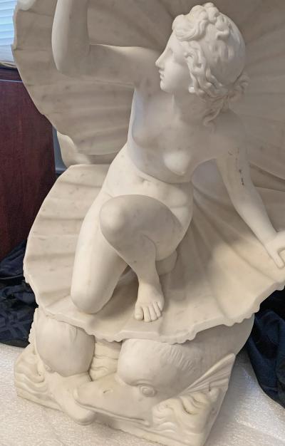 Birth of Venus Exquisite Art Deco Marble Sculpture of Venus with Dolphins 